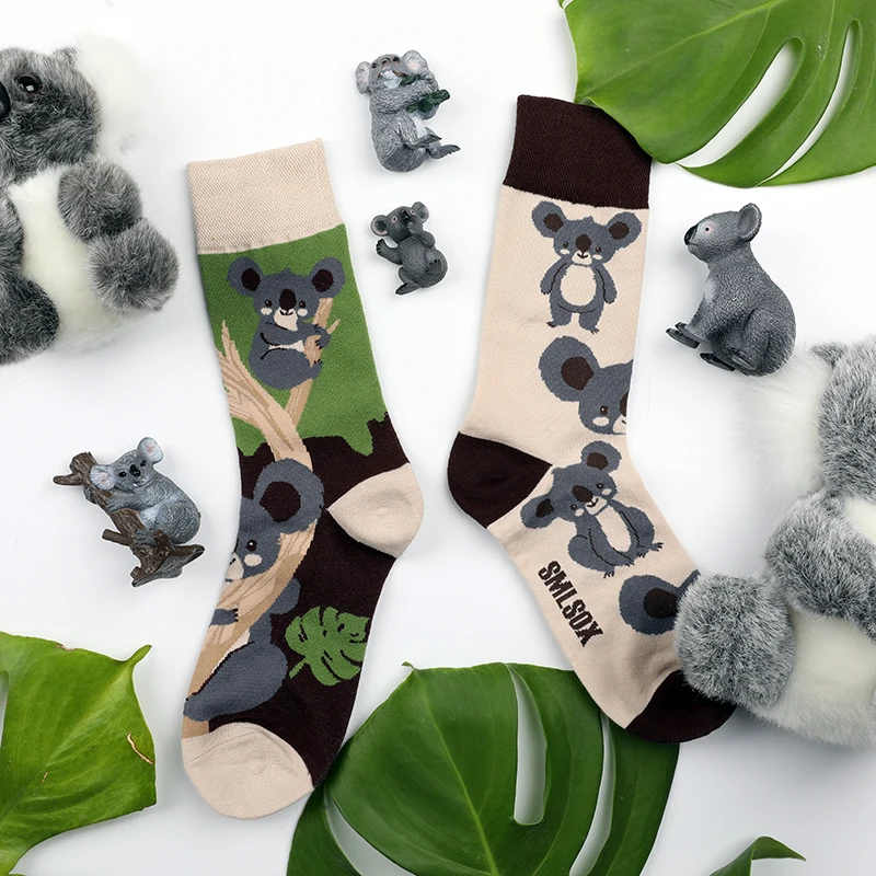 A pair of cute koala pattern socks, asymmetrical AB style socks for men and women, suitable for everyone