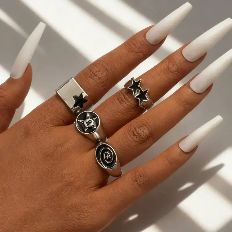 4 قطعة الشرير الأسود الخماسية نجمة خواتم واسعة للرجال النساء الهيب هوب هندسية سميكة افتتاح خواتم الاصبع مجموعات هدايا مجوهرات الحفلات #1