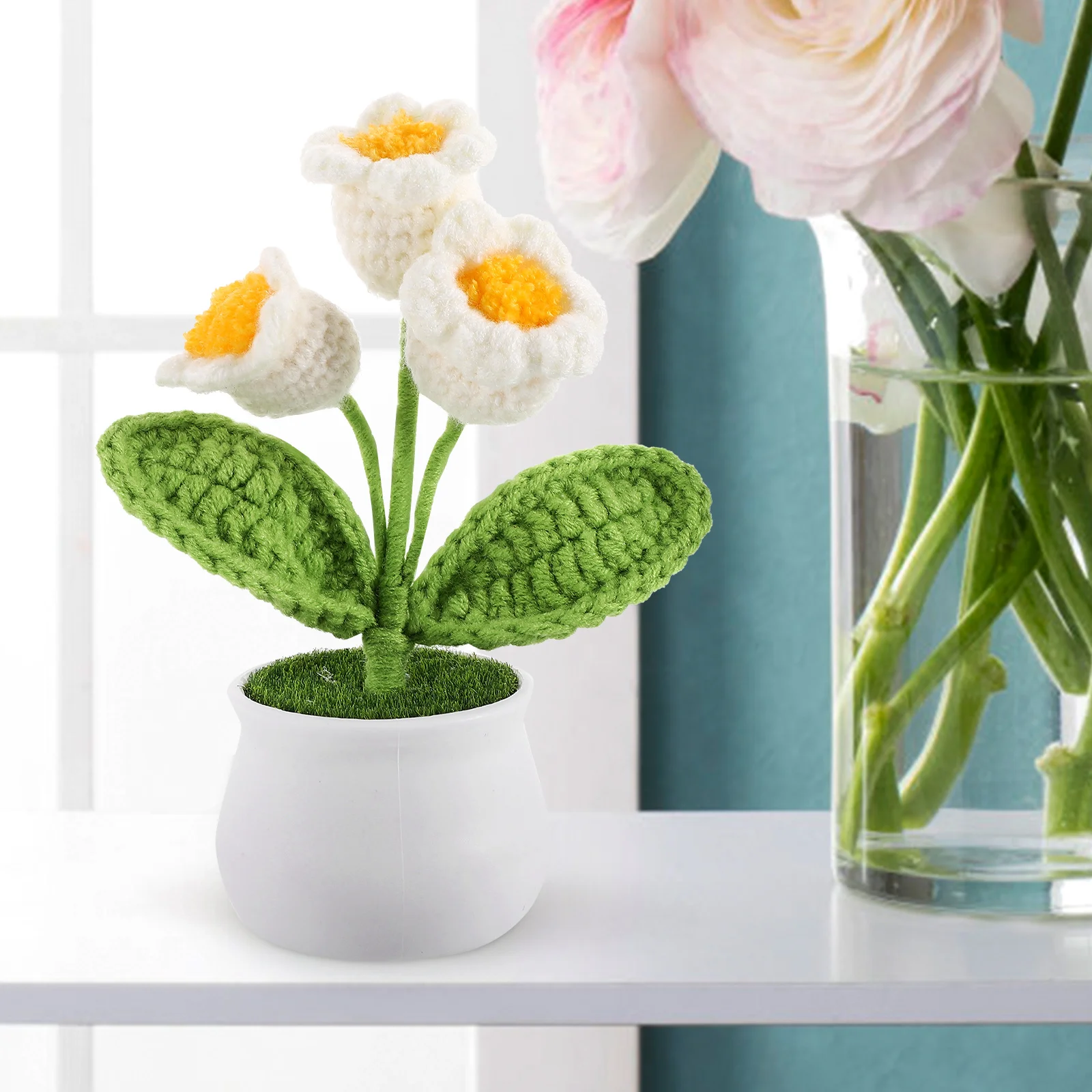 

H Knitted Rose Office Decor Crochet Flower Tabletop Artificial Bonsai WhiteBellflower Decorative Fake Plant Lifelike Model
