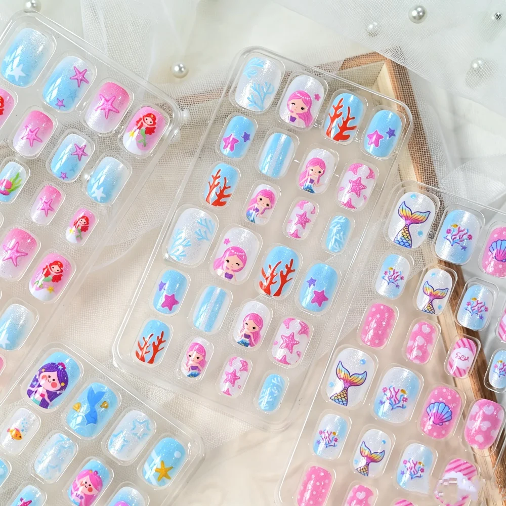 120 faux ongles carrés à pression pour filles, motif sirène océan mignon, bleu rose, pour maquillage quotidien et fêtes d'anniversaire
