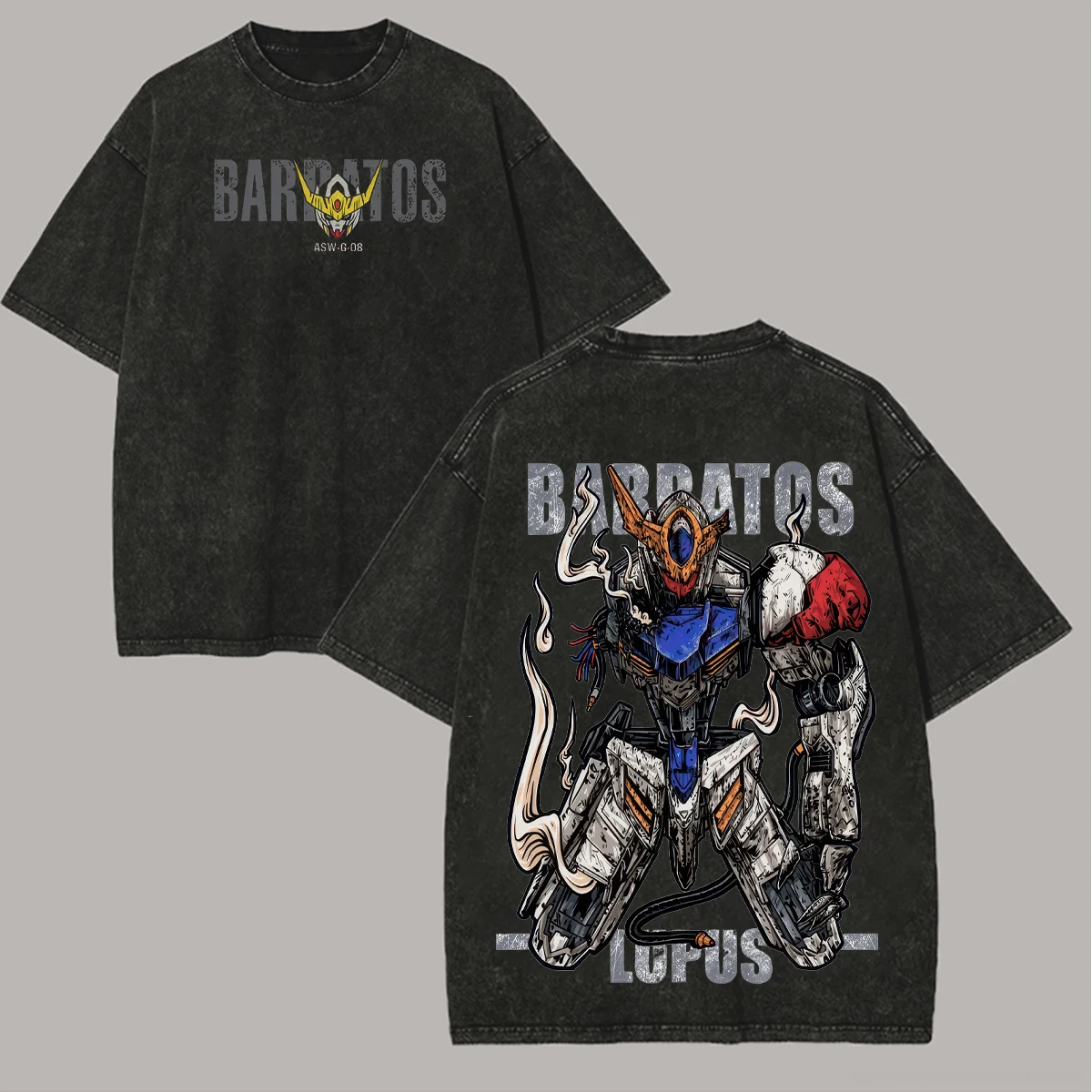 Vintage Washed Anime Barbatos Mobile Suit Grafik Baumwoll-T-Shirt Herren Streetwear Oversized Schwergewicht Roboter-Print Baumwoll-Oberteile
