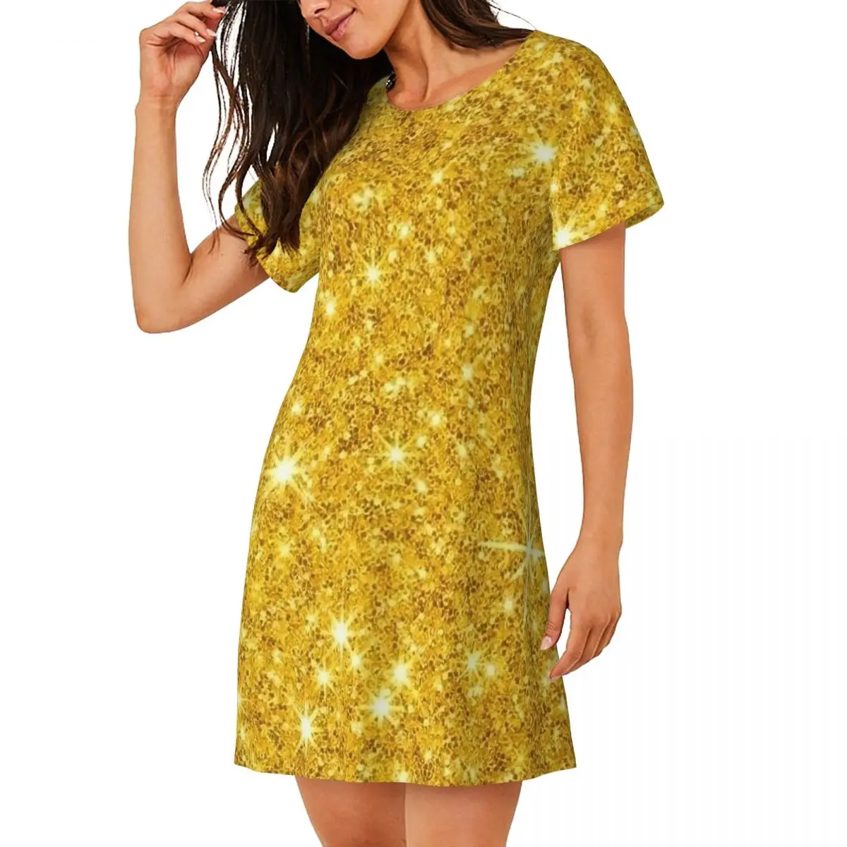 

Custom Gold Glitter Short Sleeves Nightdress For Sleeping Sleepshirts Women Short Sleeve Nightgowns Loose Pajama Dress
