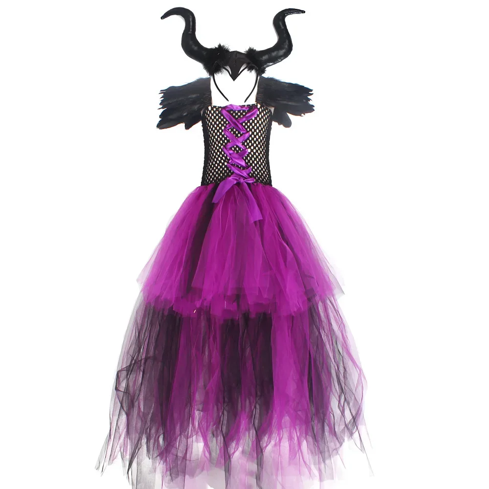 Kinder-Federkleid mit Schulterverzierungen, Gothisches Kleid für Mädchen, Lila-Schwarzes Netz-Tüllkleid für Halloween-Verkleidungspartys – Detail 12