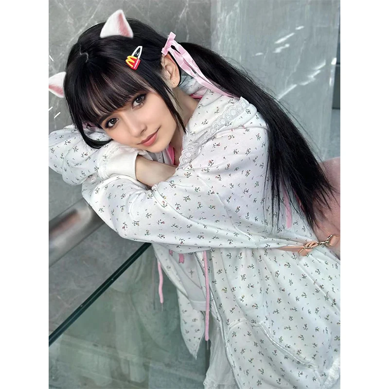 Floral Embroidery White Kawaii Hoodie Lace Japanese Sweet Girls Spring 2024 Hoodies Cute Long Sleeve Y2k Loose Harajuku Coat