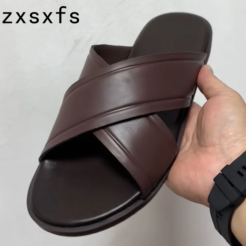 

Summer Leather Slides Men's Flat Slippers Designer Brand Holiday Beach Shoes For Men Walk Casual Slipeprs Sandalials Mujer