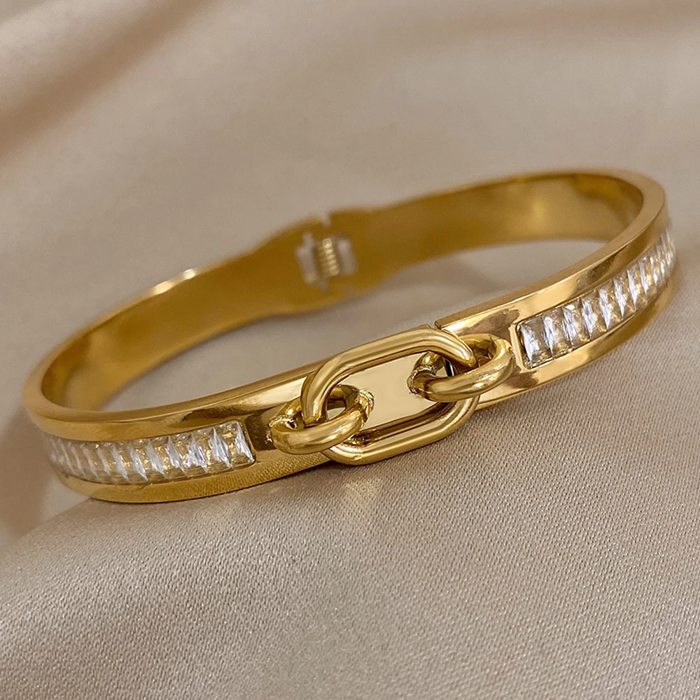 AENSOA  Stainless Steel Lock Buckle Cubic Zirconia Charm Bangle Cuff Bracelets for Women Men Punk Gold Plated Waterproof Jewelry