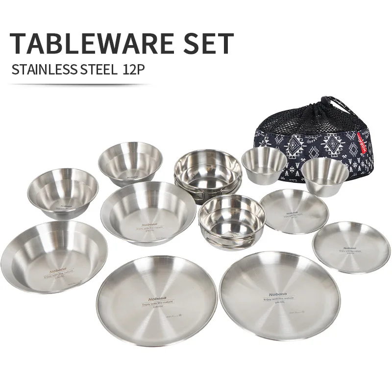 12 Pcs Outdoor Portable Camping Stainless Steel Tableware Set BBQ Tableware Household Dinner Plate Tableware Camping Equipment