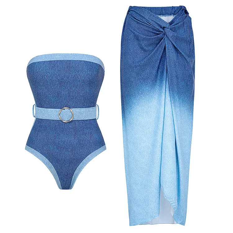 

Women onepiece Swimsuit Set Off Shoulder Denim Pattern Print Swimwear Bathing Suit Bikini Monokini tankini 2024 2pcs
