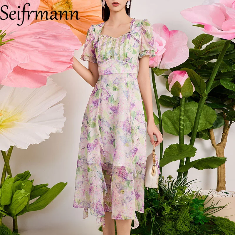 Seifrmann design de moda feminino casual vestido de férias manga curta estampa floral cintura alta slim fit vestidos de festa de verão