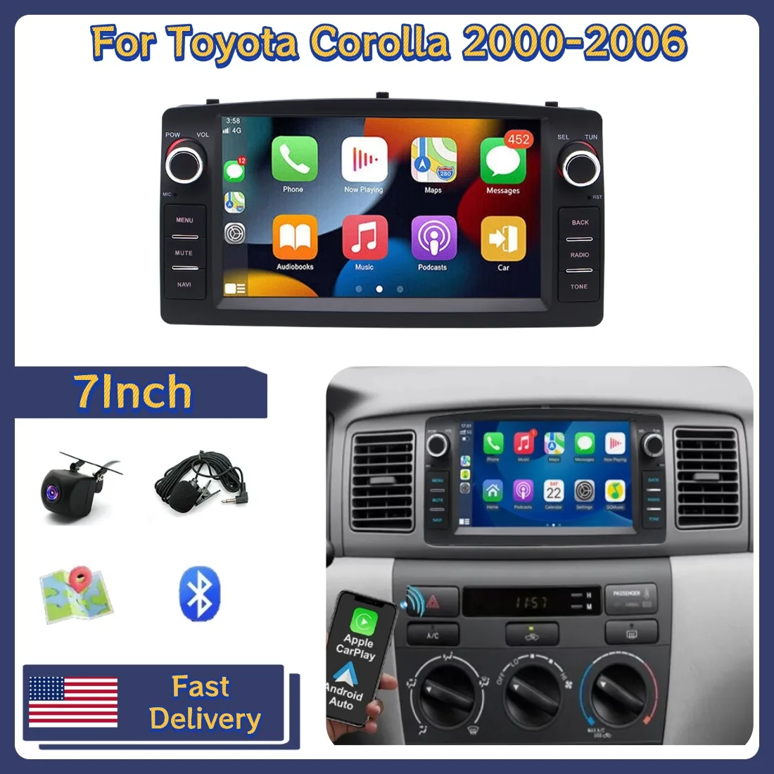 

7inch Car Stereo Radio Player 4+64G For Toyota Corolla 2000-2006 For Carplay Android 15 GPS Navigation Head Unit Bluetooth