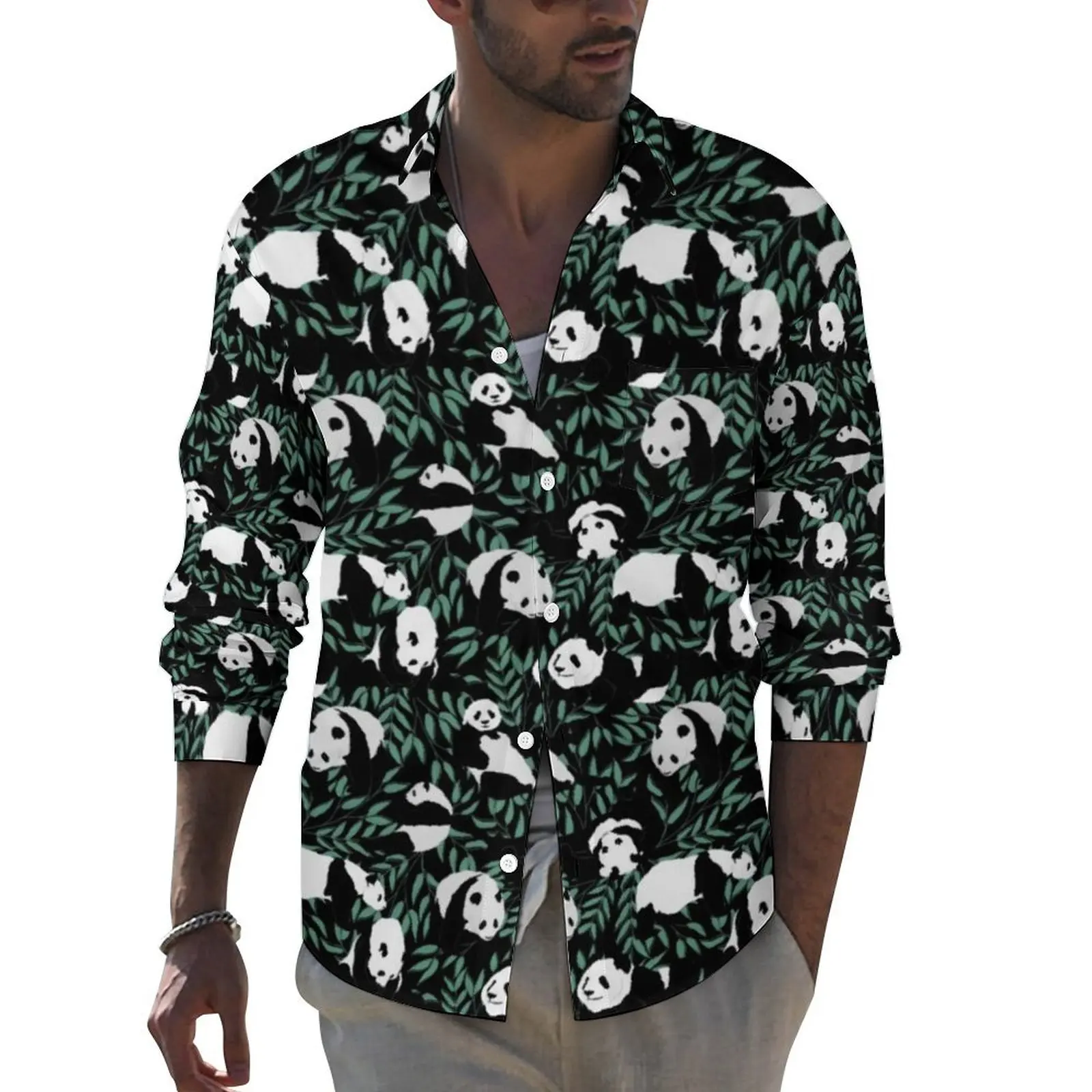 

Cute Panda Shirt Men Green Leaves Print Casual Shirts Spring Stylish Graphic Blouses Long Sleeve Novelty Oversized Clothes