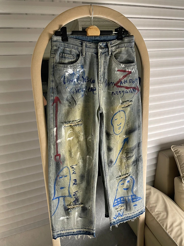 

Parisian Style American Hand-Painted Graffiti Hole Men's Spring Summer Loose Straight Leg Trendy Wide Leg Jeans Casual Cotton...