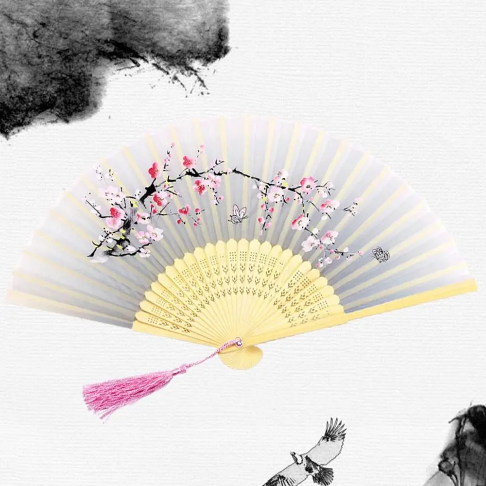 Silk Chinese Japanese Folding Fan Colorful Bamboo Vintage Style Folding Fan Tassel Elegent Female Fan Hand Fan