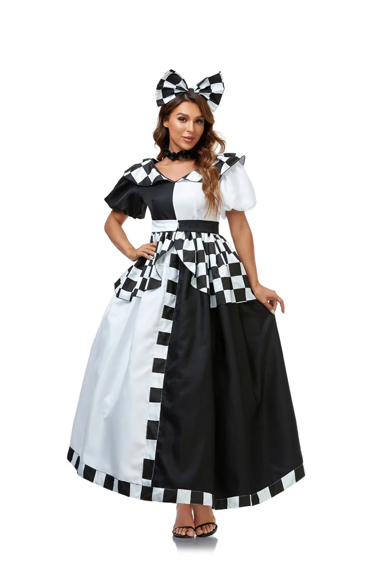 High Quality Alice's Adventures In Wonderland Cosplay Black And White Checkered Mickey Dress Halloween Woman