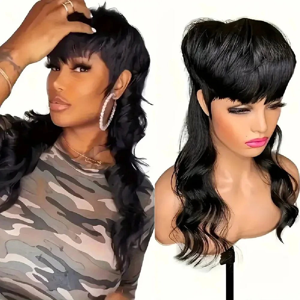 Body Wave Brazilian 100% Virgin Human Hair Wig Pixie Cut Wigs For Women Full Machine Made Mullet Cut Human Hair Wigs With Bangs