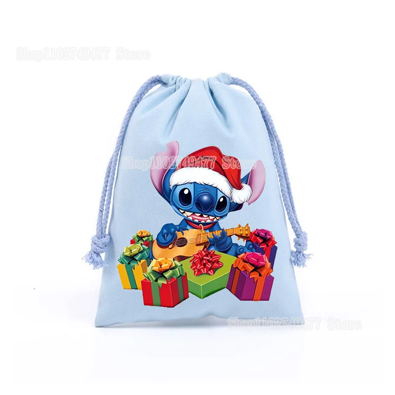 Merry Christmas Disney Stitch Drawstring Bag Cartoon Candy Gift Storage Bundle Pocket Xmas Atmosphere Decoration Jewelry Bag