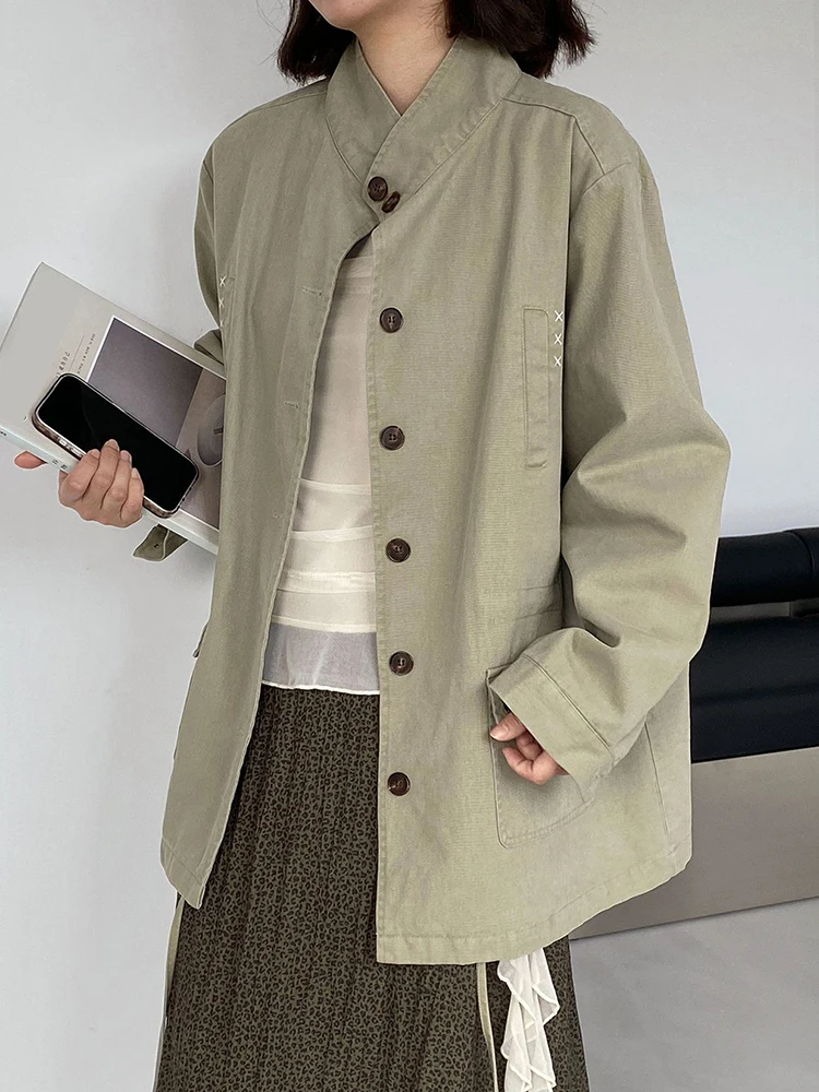 Women Khaki Green Embroidery Big Size Trench New Stand Collar Long Sleeve Windbreaker Fashion Spring Autumn