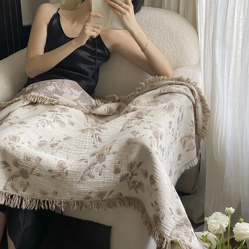 

Chinese Style New Zen Cotton Gauze Blanket - 4-Layer Fringe Shawl & Summer AC Cover, Pure Cotton Towel & Throw 80x160cm