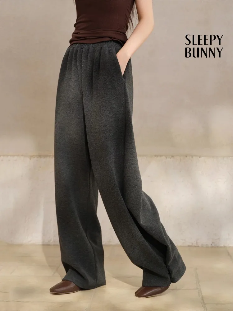 

Thick Knit Wide Leg Pants Women Vintage Dark Gray Wool-Like High Waist Trousers Cozy Loose Fit Winter Lounge Streetwear Style