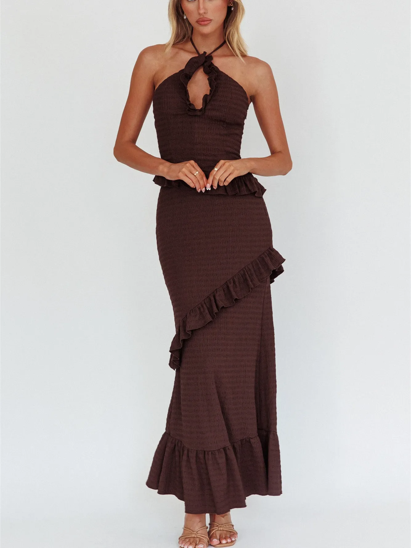 ملابس الصيف النسائية بلون واحد انقطاع الرسن تانك القمم تكدرت تنورة طويلة مجموعة ملابس الحفلات