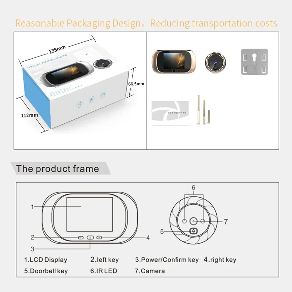 2.8 นิ้ว Video Doorbell Peephole กล้อง 90 องศา Doorbell Motion Detection Eye Digital LCD ประตูการเฝ้าระวังกล้อง Monitor