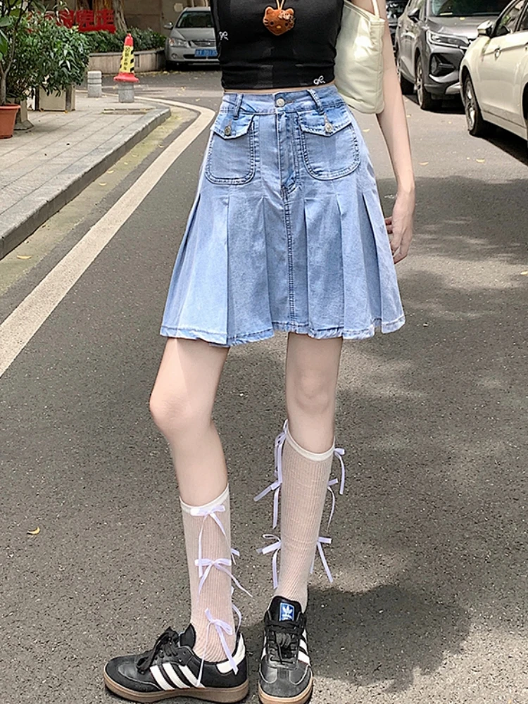 Qiukichonson 3XL Oversize Denim Skirt Women 2024 Summer Goth High Waisted Cute Soft Girl Ruffle Frilly Sexy Jeans Mini Skirt