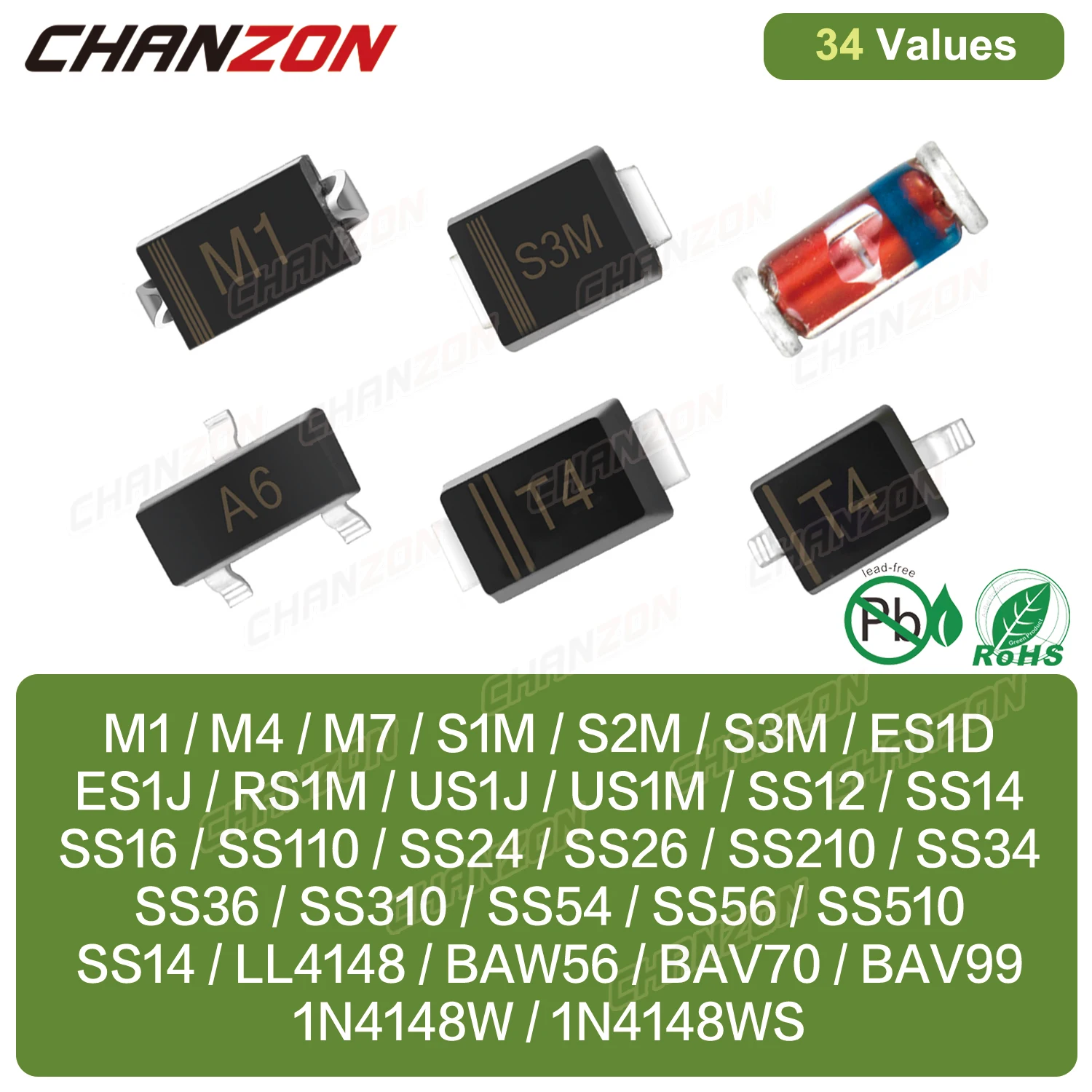 SMD Fast Recovery Schottky Barrier Switching Rectifier Diode M1 M4 M7 S1M S2M S3M RS1M US1M SS14 SS16 SS24 SS26 SS34 SS36 LL4148