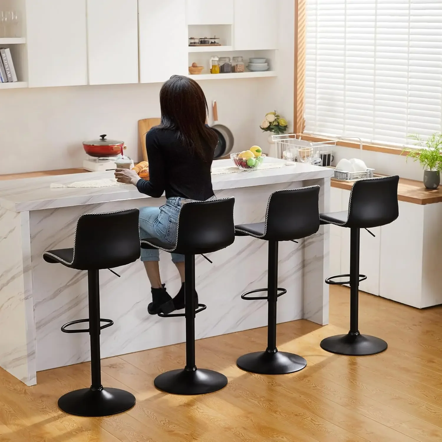 Swivel Bar Stools Set, ajustável Bar Stool, barras de couro falso, preto, 24 "a 32", 24 "a 32"