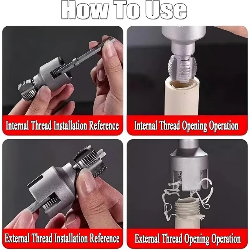1pcs Thread Cutting Tool with 1/2 inch, 3/4 inch and 1 inch, One-Piece Internal and External Wire Opener, PVC Pipe Threader Kit