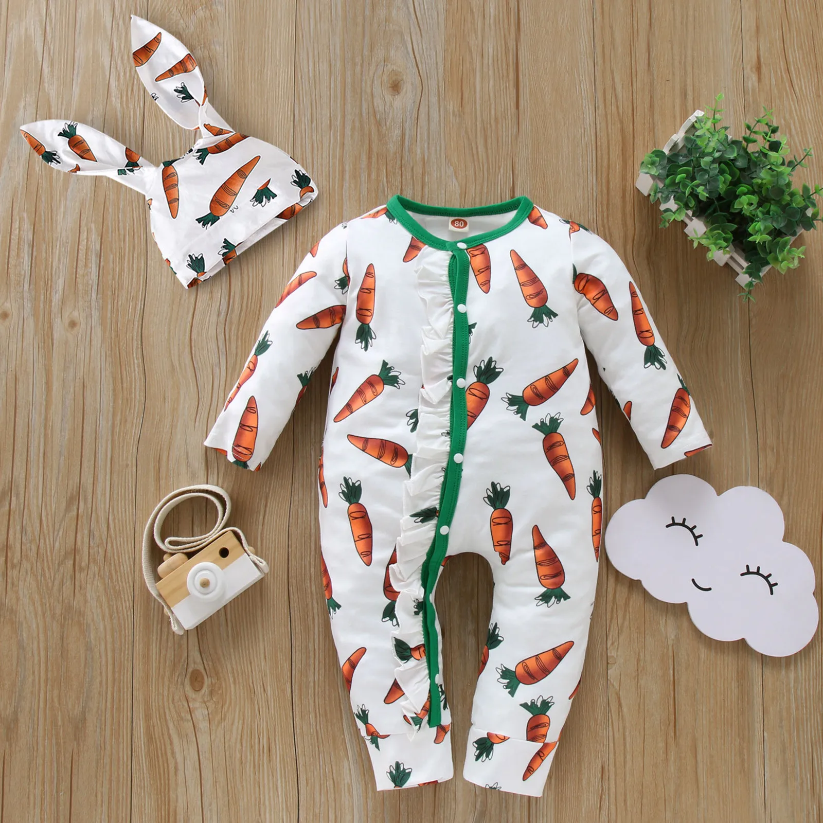 Infant Clothes Baby Boy Girl Cartoon Carrot Print Romper Jumpsuit+Rabbit Ears Hat Set Outfit Baby Autumn Winter Overall 119