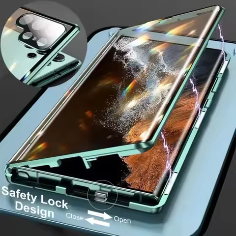 For Samsung Galaxy S25 S23 S24 FE S22 S21 Ultra Plus Magnetic Case 360° Full Protection Metal Double Sided Glass Snap Lock Cover