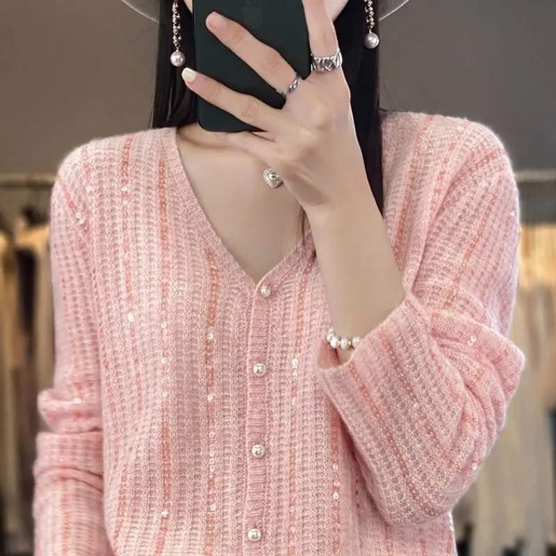 2023 Spring Autumn New Solid Color Fashion V-neck Sweater Women Fashion High Street Long Sleeve Cardigan Chic Sequined Tops