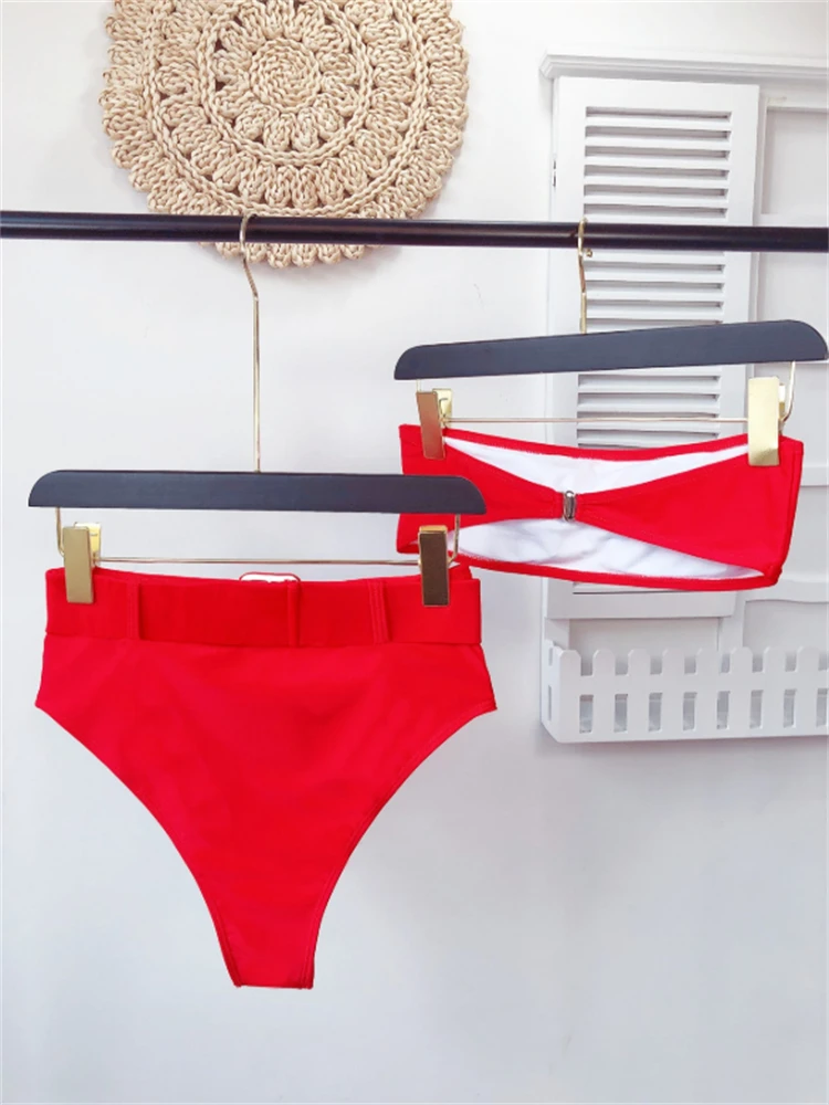 Bikini Bandeau rojo de cintura alta para mujer, traje de baño de dos piezas, ropa de playa, 2024