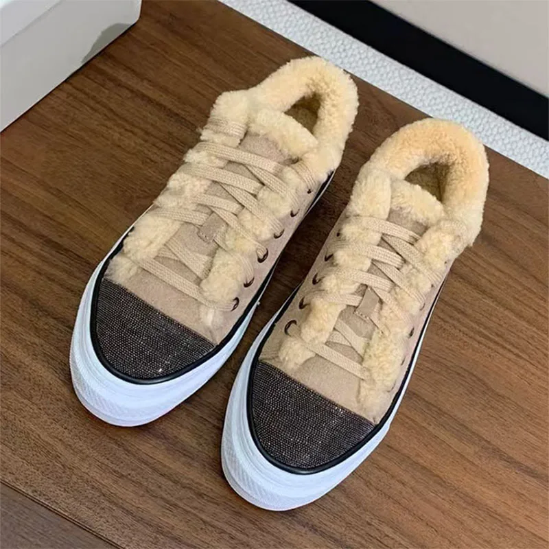 Casual Sneakers For Women Round Toe Lace Up White Shoes Woman String Bead Cow Suede Wool Warm Winter Women's Sports Shoes