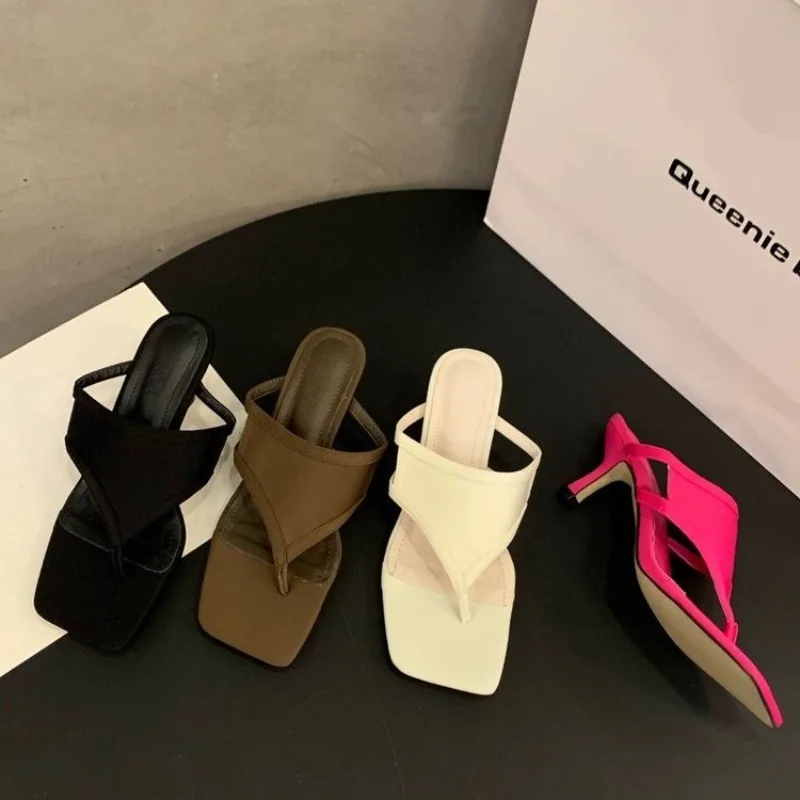 

New Women's Simple One Word Strap Slope with Sandals Female Square Head Thin Strap Sexy Temperament High Heels Sandals Slippers