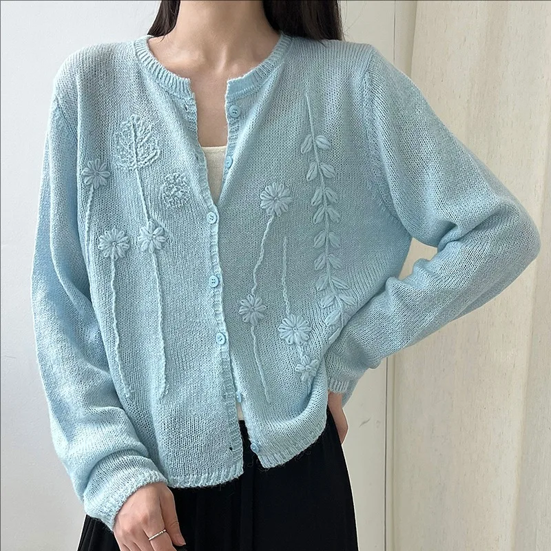 

Autumn new casual long sleeve embroidered wool knitted sweater women's cardigan coat