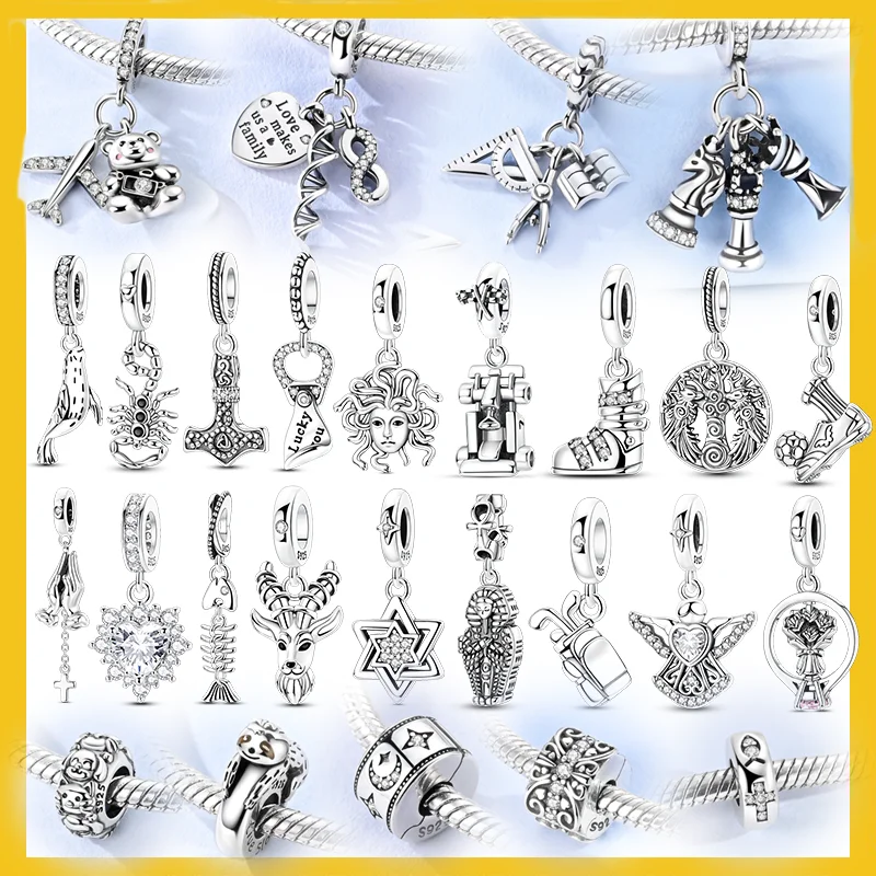 Charms Silver 925 Beads Fish Bear Shoes Tiger Snowflakes Charms Fit Women Original Bracelet Necklace Jewelry Gift