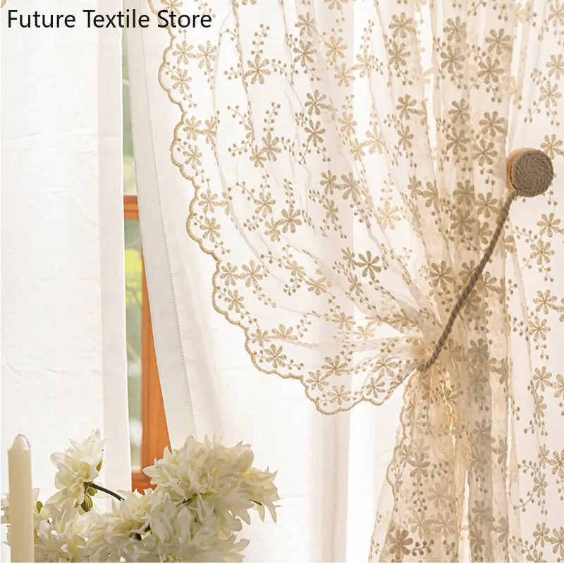 

Pastoral cream lace curtain double-layer white gauze floor-to-ceiling window screen Curtains for Living dining room bedroom