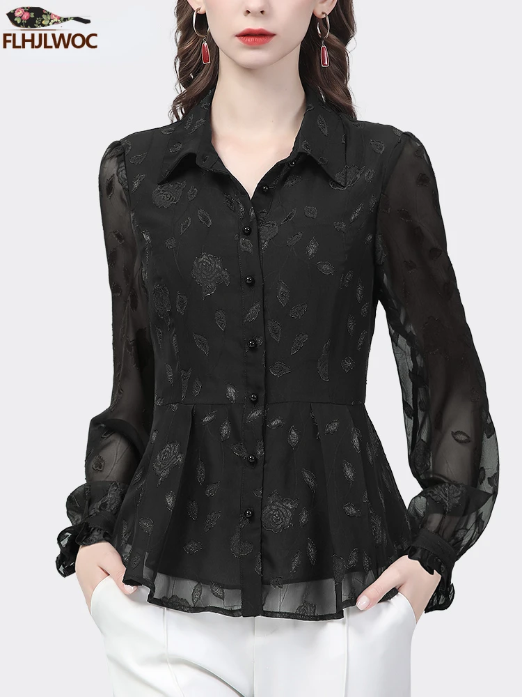 Retro Vintage Black Lace Tops Blouses Slim Fashion French Design Cute Girls Elegant Office Lady Solid Button Tops Basic Shirts