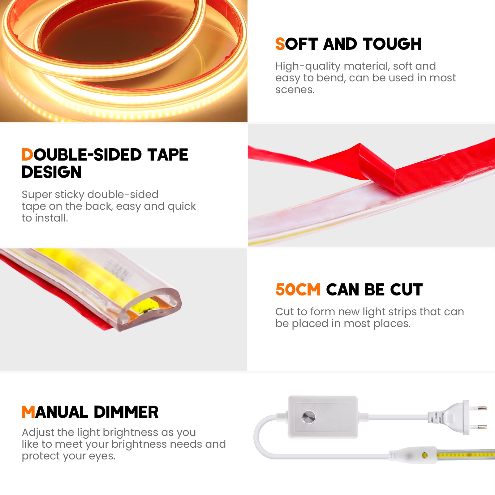 Dimmable COB LED Strip Light with Adhesive Tape 220V 288LEDs/m COB LED Lights Flexible LED Tape Waterproof LED Ribbon EU Switch