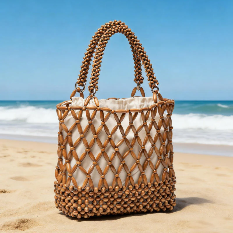 

European American Style Handmade Woven Hollow Out Beaded Bag, Women Wooden Bead Tote Bag, Beach Vacation Crossbody Shoulder Bag