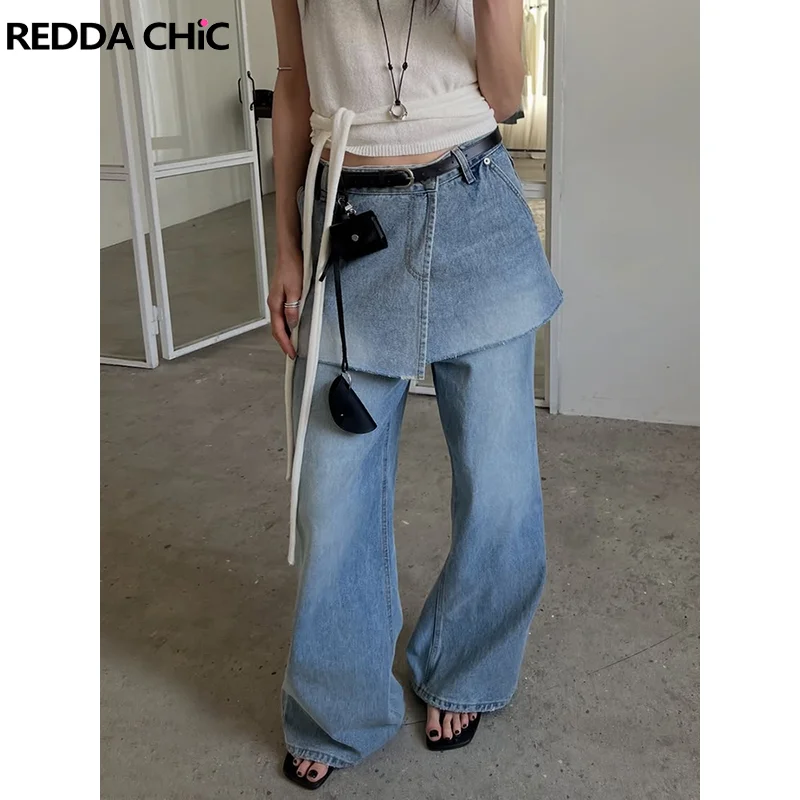 

Женские джинсы ReddaChic с юбкой-накладкой, свободные, повседневные, с широкими штанинами, в стиле пэчворк, с необработанным краем, винтажные, в корейском уличном стиле