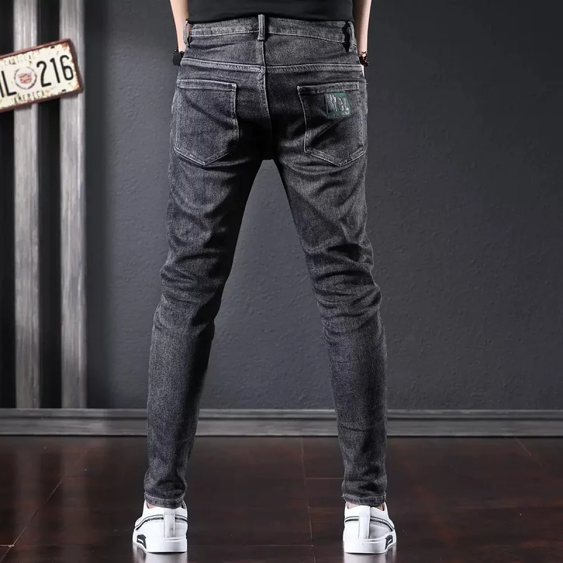 Autumn Casual Black Gray Jeans Men Slim Fit Pencil Pants Fashion Letter Printed Denim Trousers
