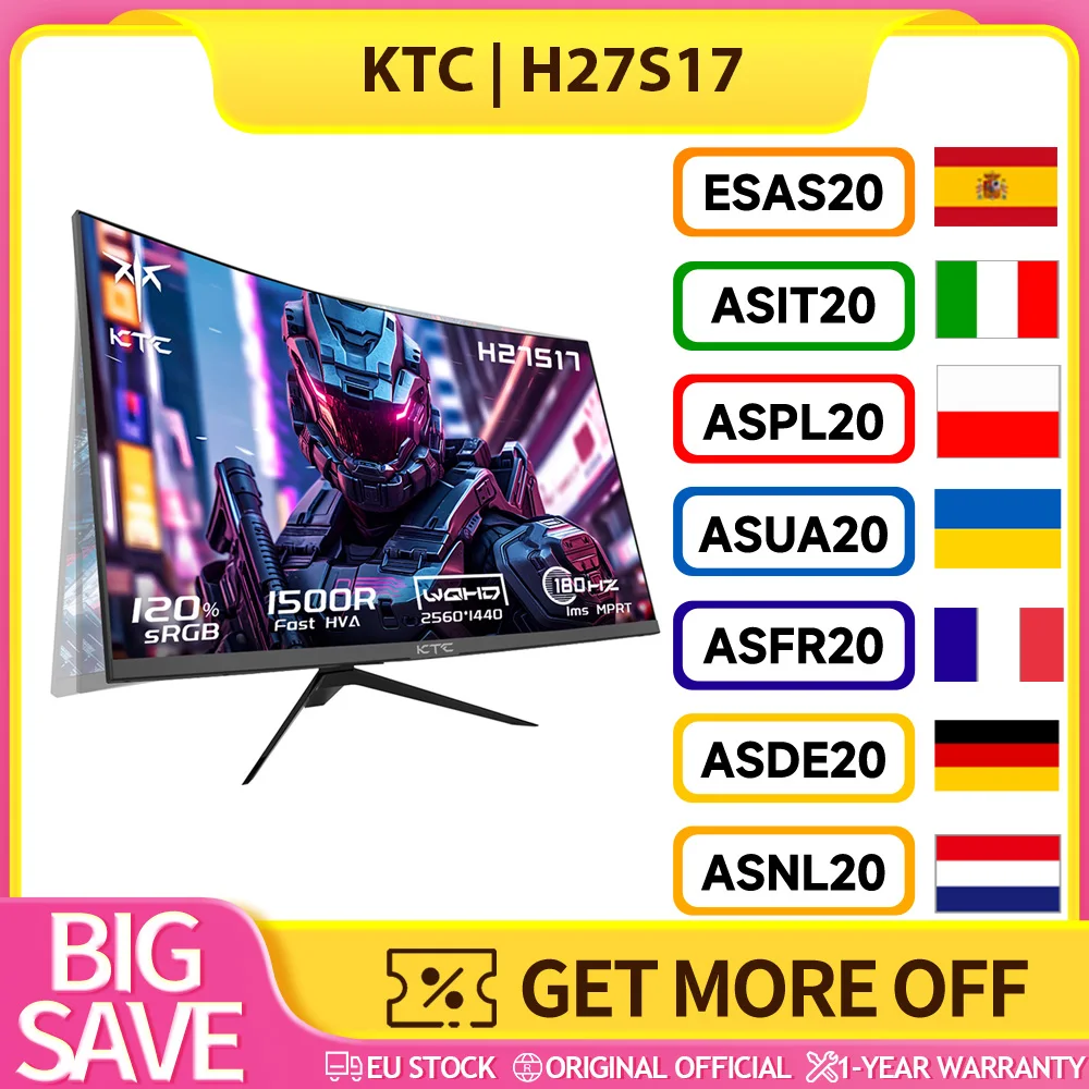 Monitor da gioco KTC H27S17 27 pollici 2560x1440 QHD 180Hz HVA curvo 1500R, display curvo coinvolgente con alta risoluzione, tempo di risposta di 1 ms, colori vivaci e HDR10 per visualizie