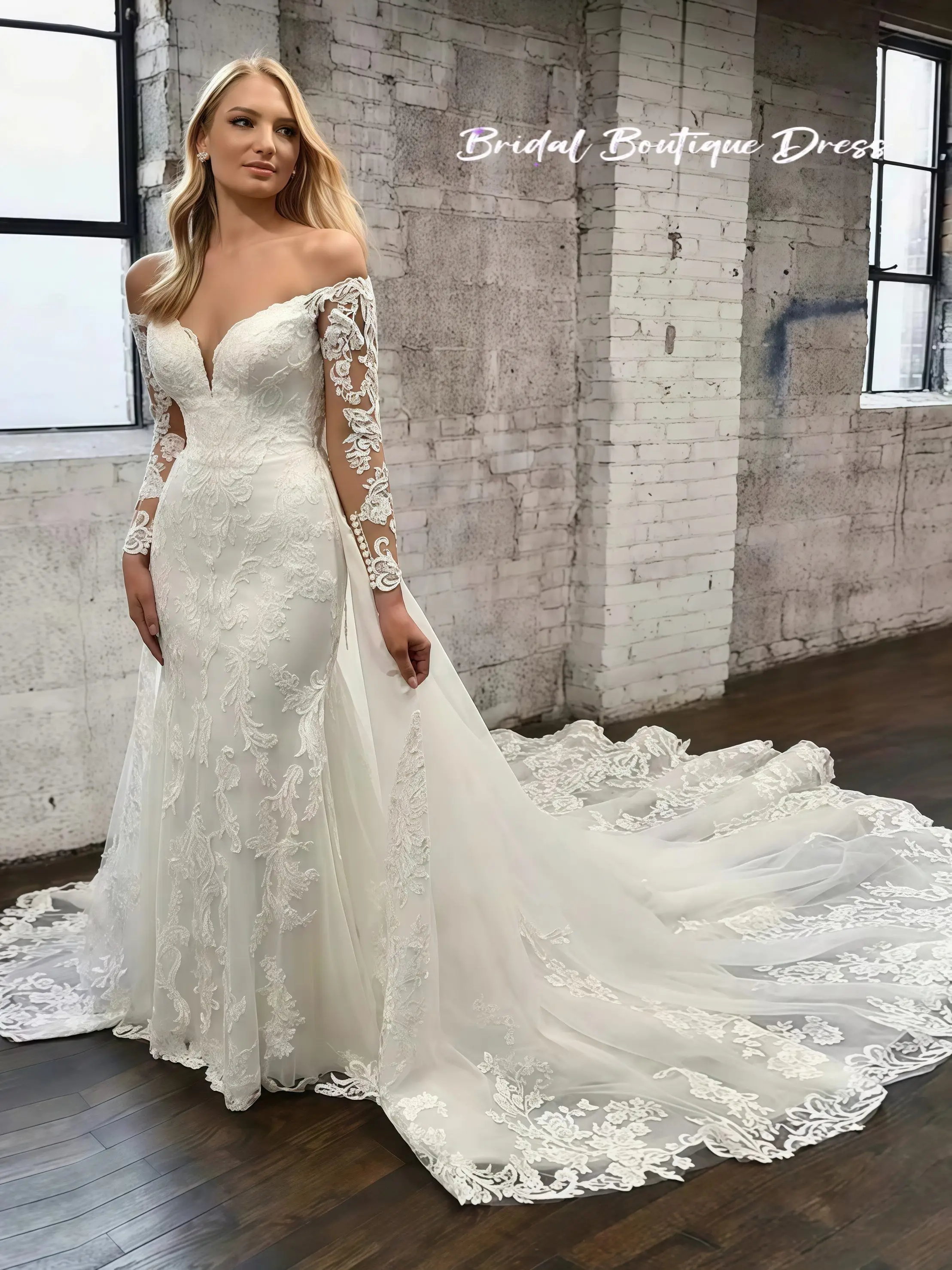 Abiti da sposa a sirena con spalle scoperte eleganti personalizzati Treno staccabile Maniche lunghe Appliques Abito Brial Vestido De Novia