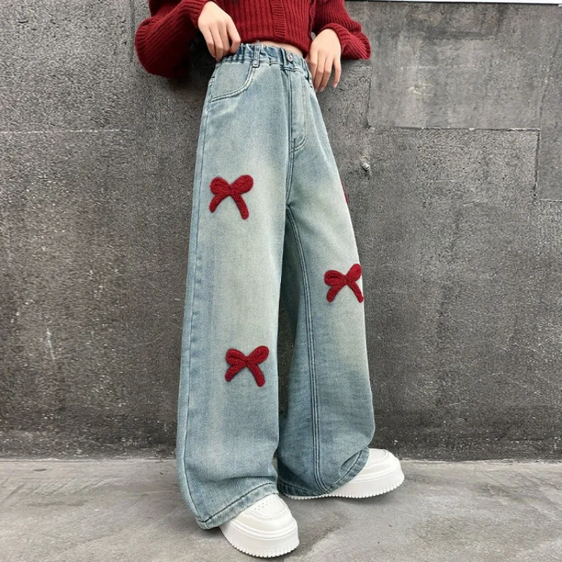 Winter-Jeans aus Lammfell für Mädchen, 4-14 Jahre, Teenager-Mädchen, Jeanshose mit integrierter Schleife und Fleece, lockere Herbst-Jeanshose für junge Mädchen – Detail 5