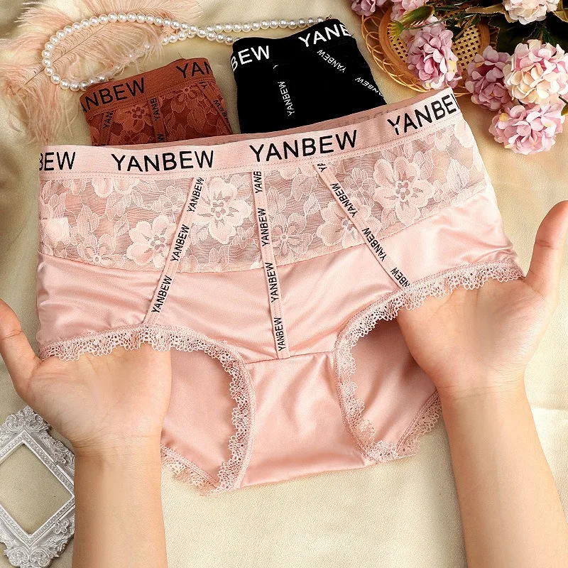 Frauen Satin Sexy Spitze Unterwäsche Mittleren Taille Atmungsaktiv Hohe Elastizität Weiche Höschen Elegante Glatte Dünne Jacquard Breifs