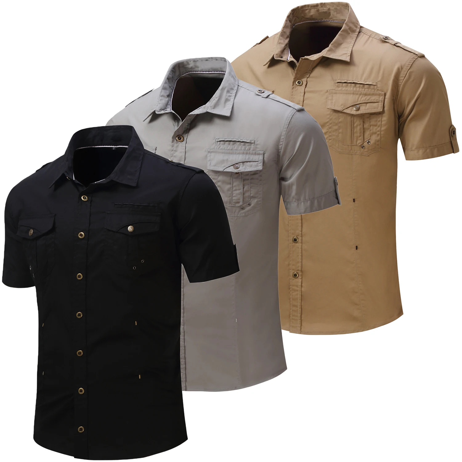 2024 New Fashion Men's Short Sleeve Safari Shirt Tops Summer 100% Polyester Solid Color Casual Cargo Work Shirts with Pocket