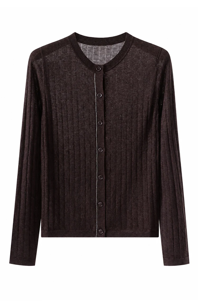 BL3621777 Damen-Cardigan mit Rundhalsausschnitt aus Wollmischung, Langarm, schmale Passform, Kontrastbesatz, Muschelknöpfe, Schulterkette, Frühherbst – Detail 15