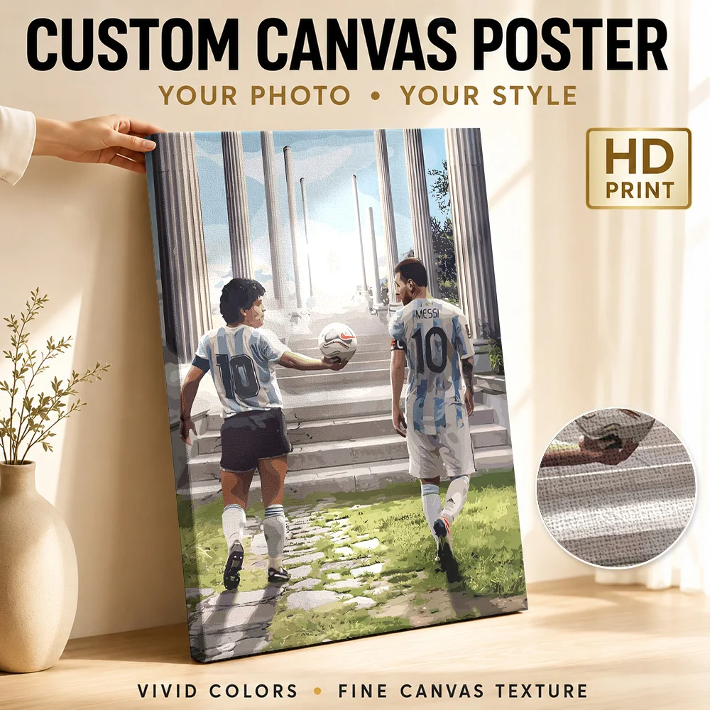Maradona And Messi Legacy Tribute Canvas Painting Poster Bold Style Wall Art With Personalized Photo For Home Gym Ideal Fan Gift